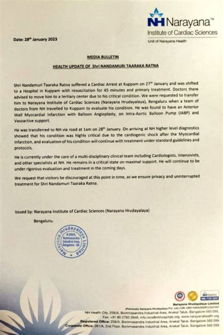 Taraka Ratna’s Health Bulletin : Highly Critical Condition